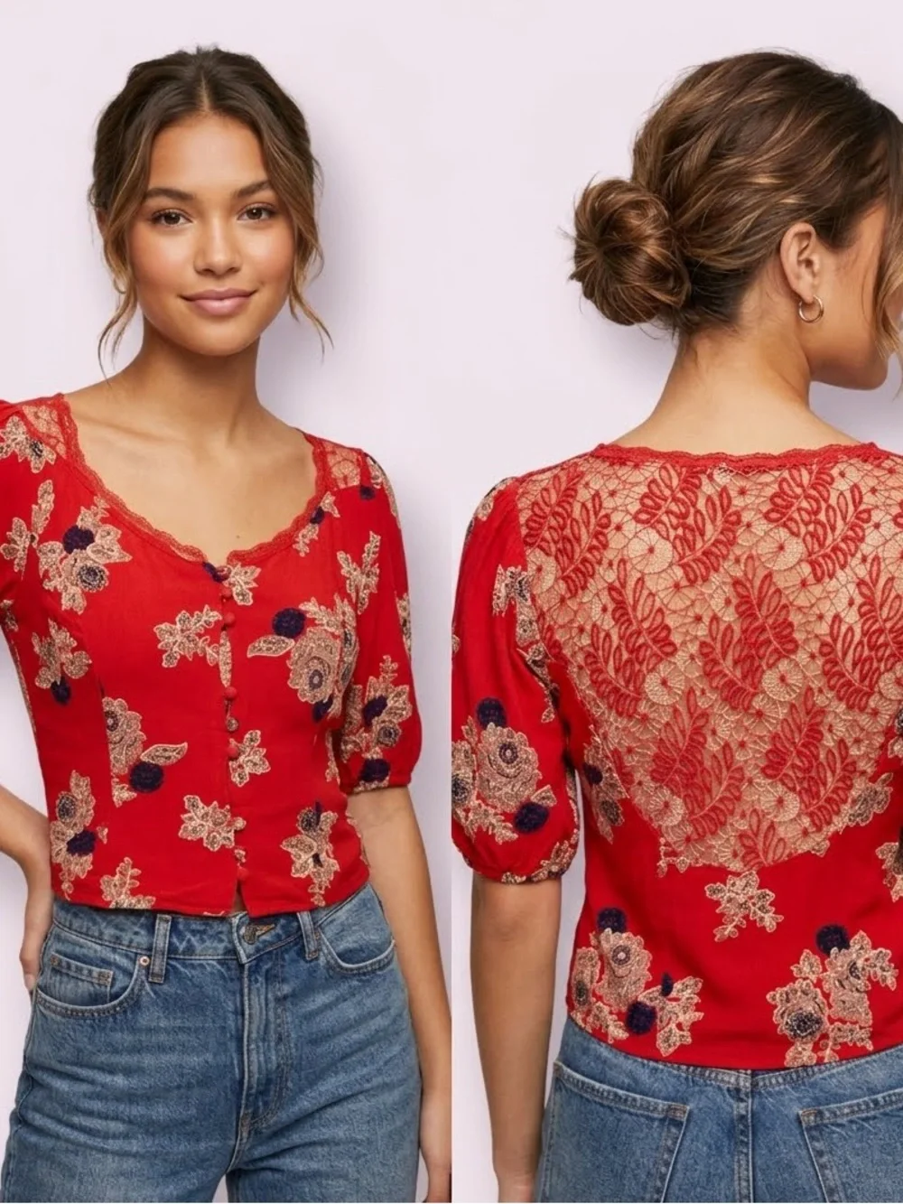 Free People Red Floral Lace Back Puff Sleeve Button Up Boho Top Size Small - Picture 1 of 14